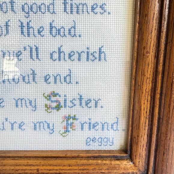 Vintage Framed Cross Stitch Embroidery Sister Gift Family Farmhouse Country - Picture 2 of 10
